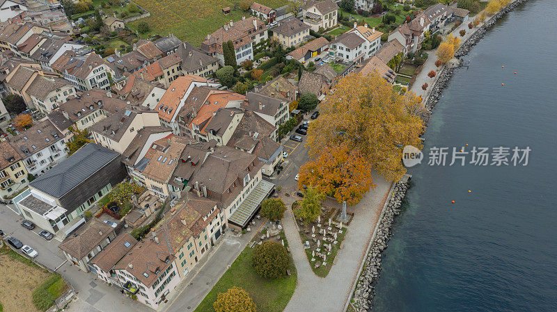 Drone Aerial view of View over Lake Geneva, Swiss and French Alps, Vevey Vaud and city scenery scape switzerland